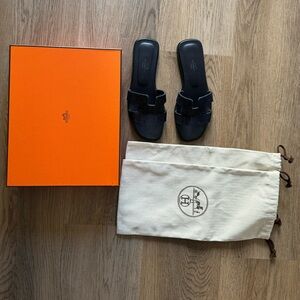 Authentic Hermes Oran Sandals in Bleu Brut Denim